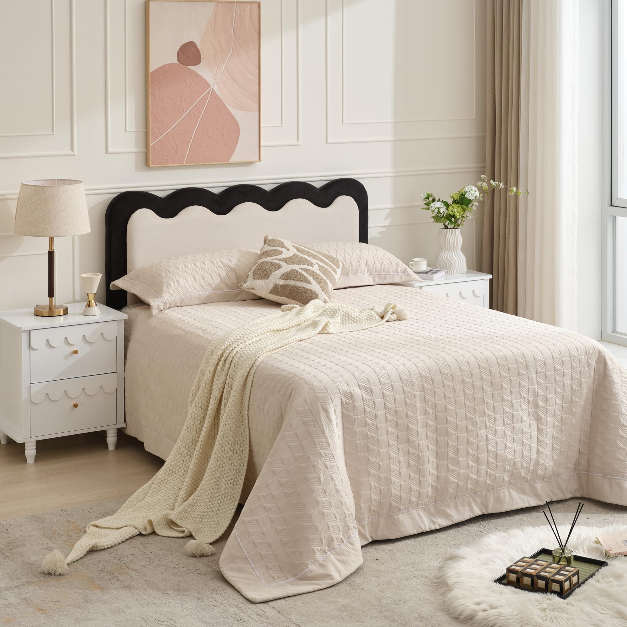 Bed Frame with Wavy Drawer Fronts in Black and Cream