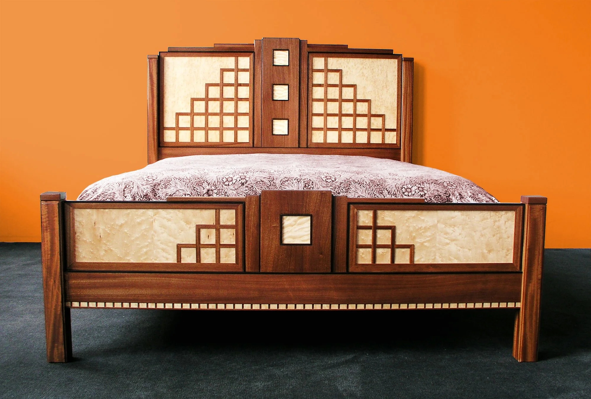 Bed Frame with Wood Grid Overlay and Stepped Silhouette