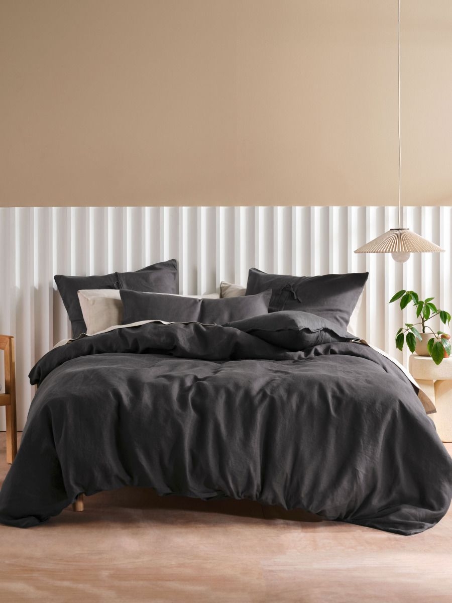 Bed Linen Set with Ridged Headboard and Charcoal Linen Textures