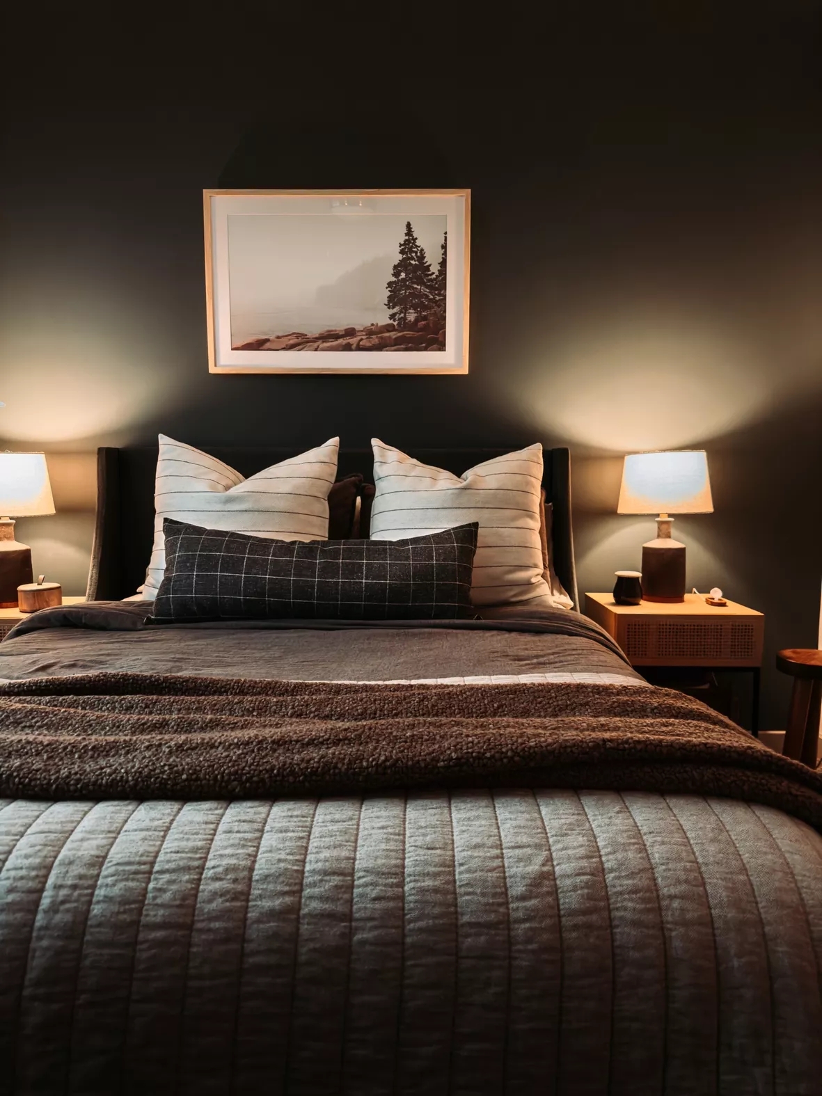 Bed Set featuring Rattan Cane Drawer and Moody Charcoal Walls