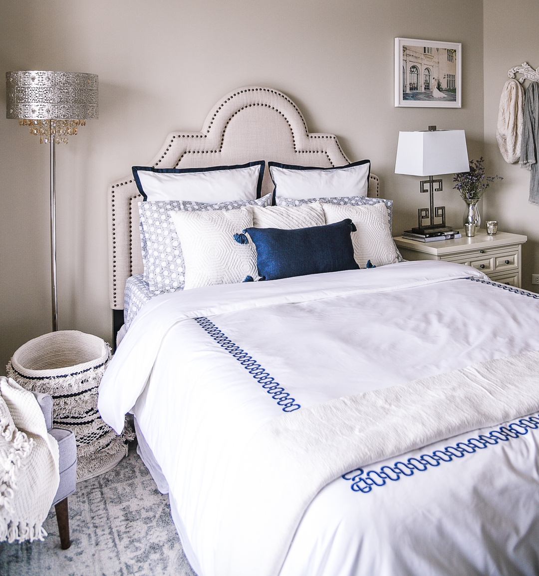 Bed Set: Navy Chain Embroidery Scalloped Headboard Design