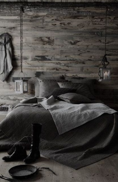 Bedding Set including Waffle Knit Throw and Reclaimed Wood Backdrop