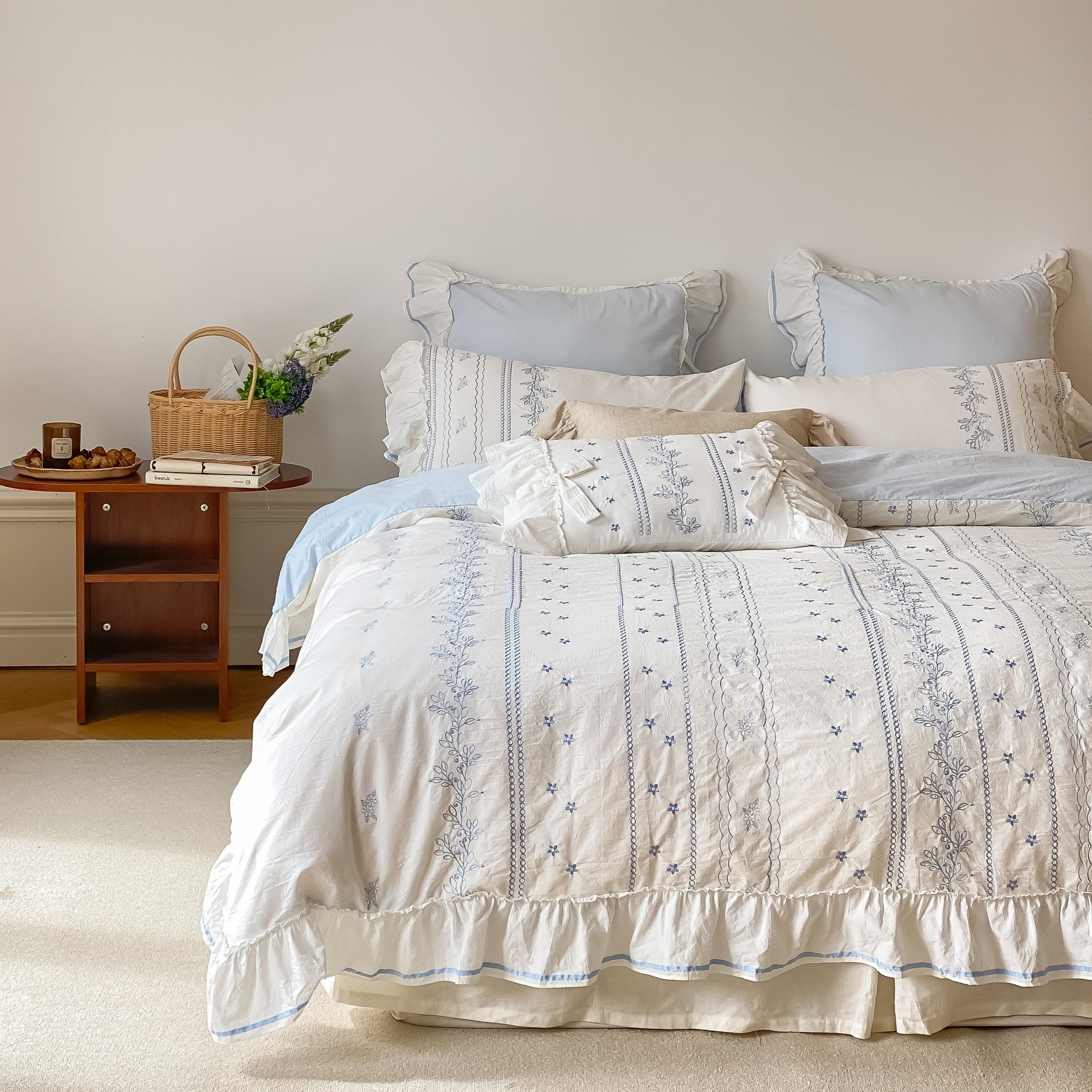 Bedding Set: Ruffled Lace Border and Floral Embroidery