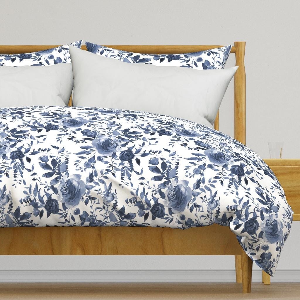 Bedding Set: Watercolor Botanical Print on Indigo Floral