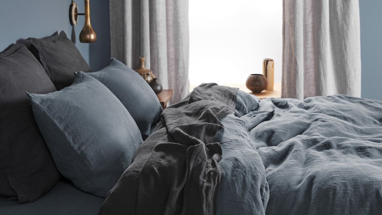 Bedding Set with Slate Blue Linen and Tonal Grey Layering