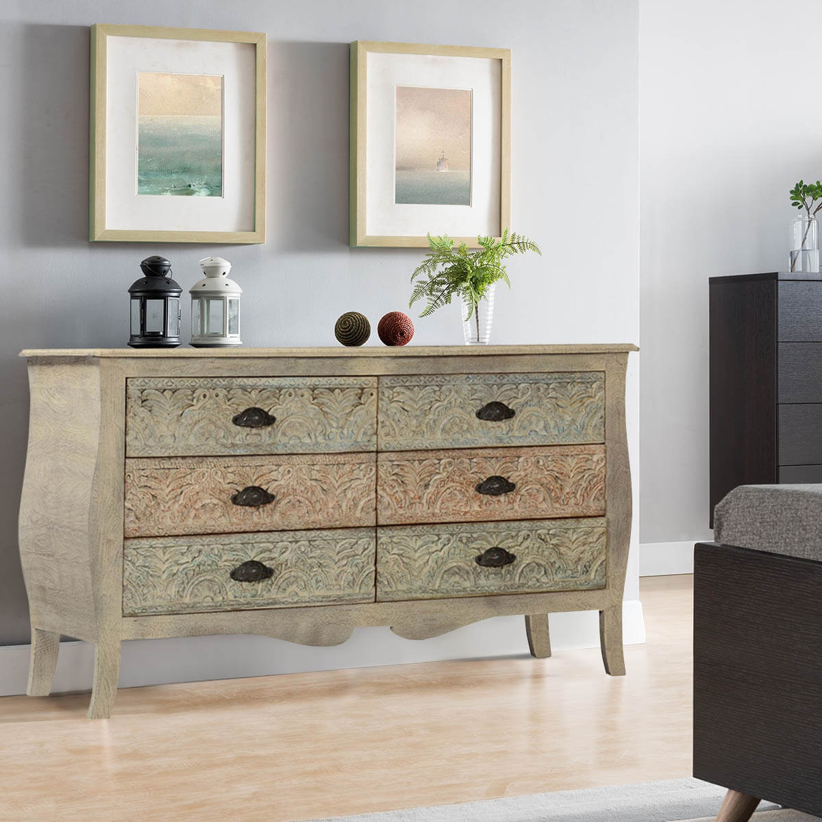 Bedroom Dresser with Carved Drawer Fronts in Grey