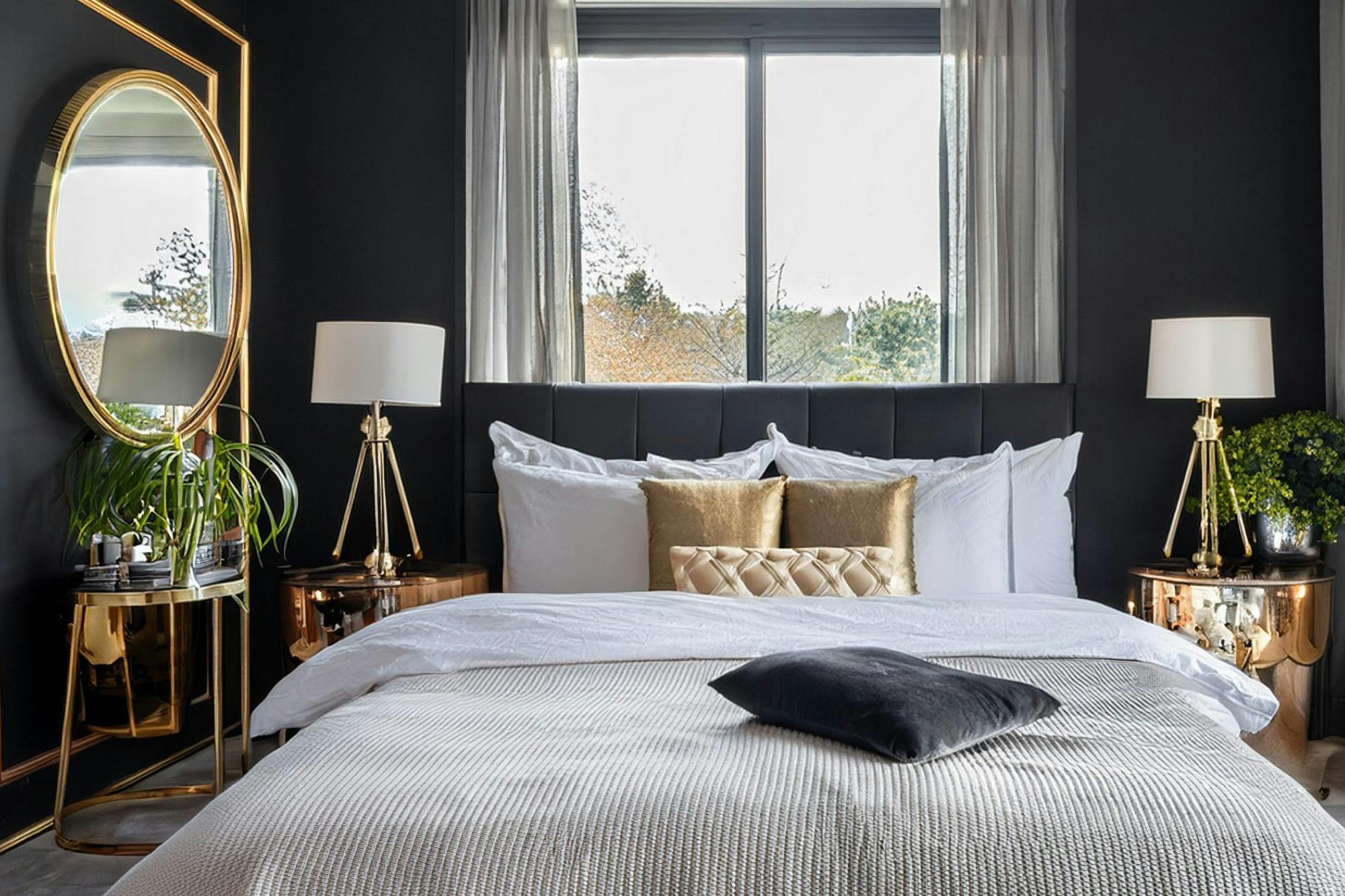 Bedroom Set featuring Channeled Headboard and Polished Gold