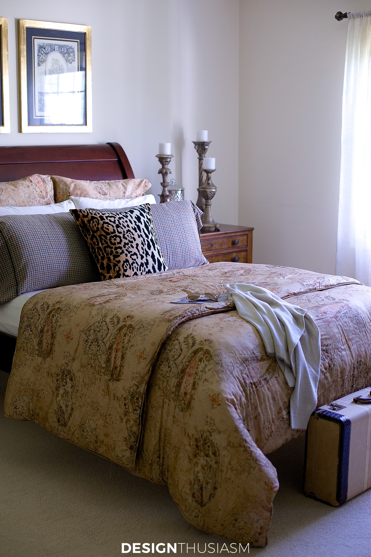 Bedroom Set including Sleigh Headboard and Leopard Accent Pillow
