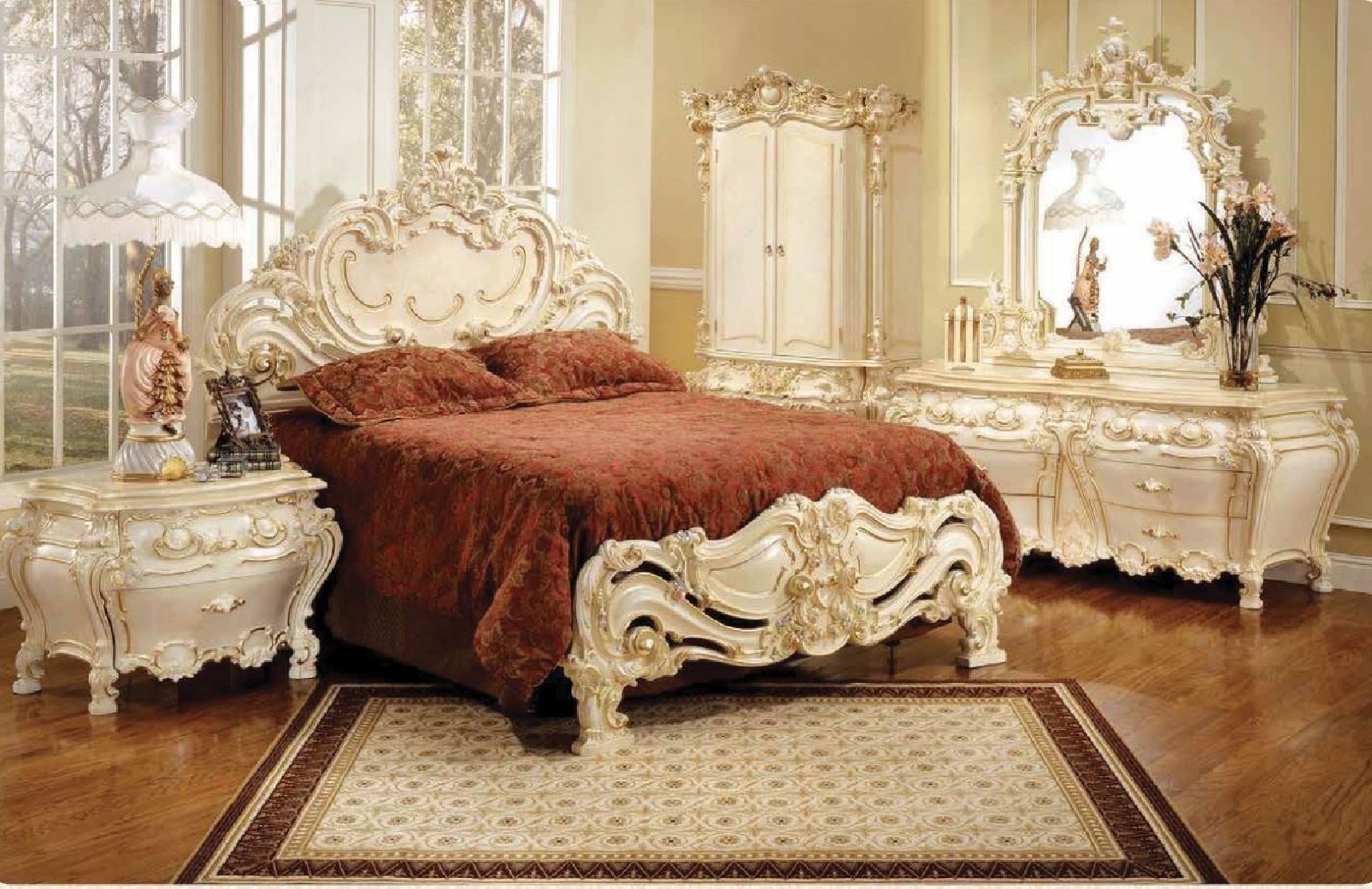 Bedroom Set Ivory Gold Finish Scrolled Headboard Suite
