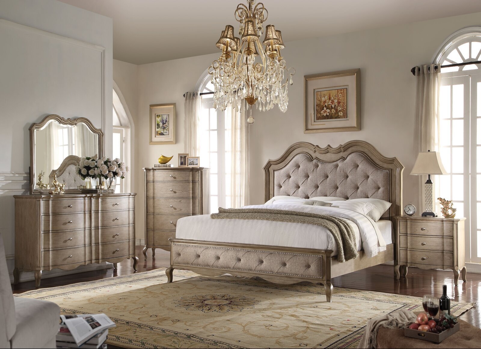 Bedroom Set Weathered Champagne Wood Scalloped Bed