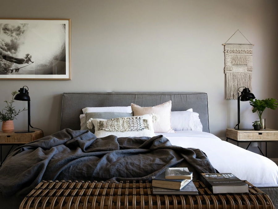 Bedroom Set with Charcoal Linen and Woven Rattan Bed Bench