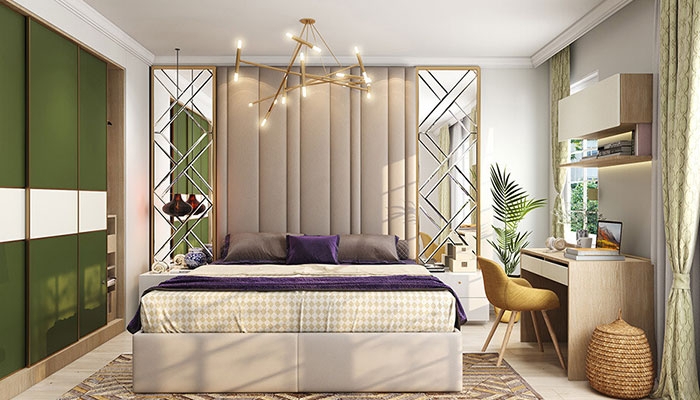 Bedroom Set with Geometric Mirrored Panels and Fluted Wall