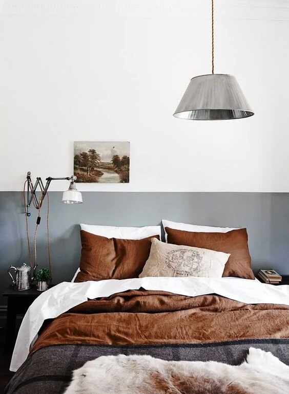 Bedroom with Two Tone Wall and Cognac Linen Masculine Bedding