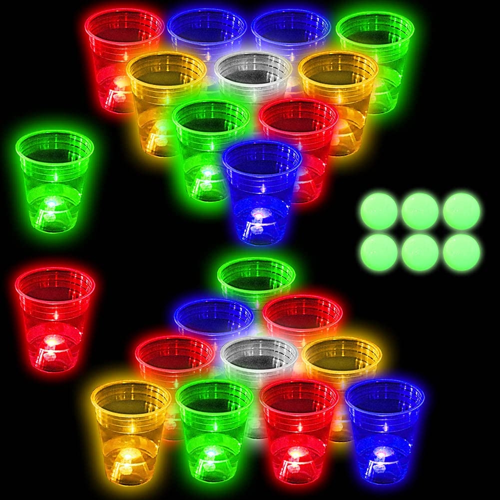 Beer Pong Set: Ribbed Texture with LED Illuminated Base Cups