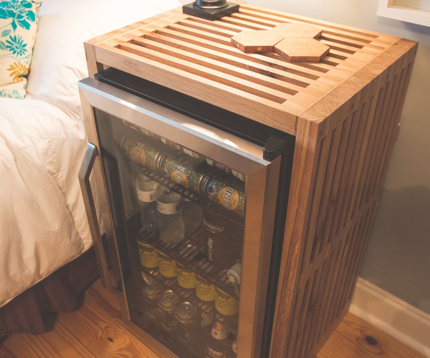 Beverage End Table with Slatted Shell and Slatted Wood Fridge Table