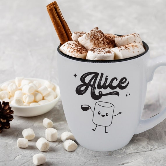Beverage Mug: Custom Name Marshmallow Character Minimalist Kids Cup