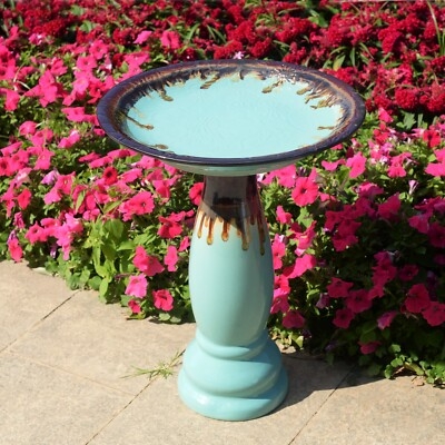 Bird Bath Aqua Drip Glaze: Bulbous Pedestal Ceramic Accents