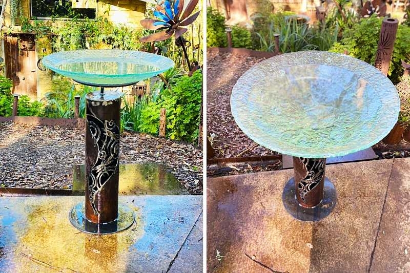 Bird Bath Artisan Seafoam Green Glass and Laser Cut Base
