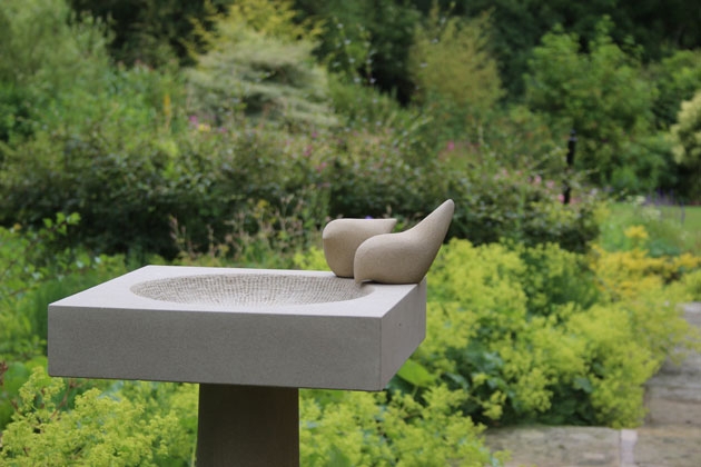 Bird Bath Carved Sandstone Square Basin and Sculpted Bird