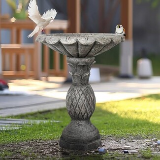 Bird Bath Pineapple Pedestal Scalloped Gray Garden Accent