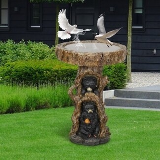 Bird Bath Tree Trunk Pedestal with Forest Animal Carvings