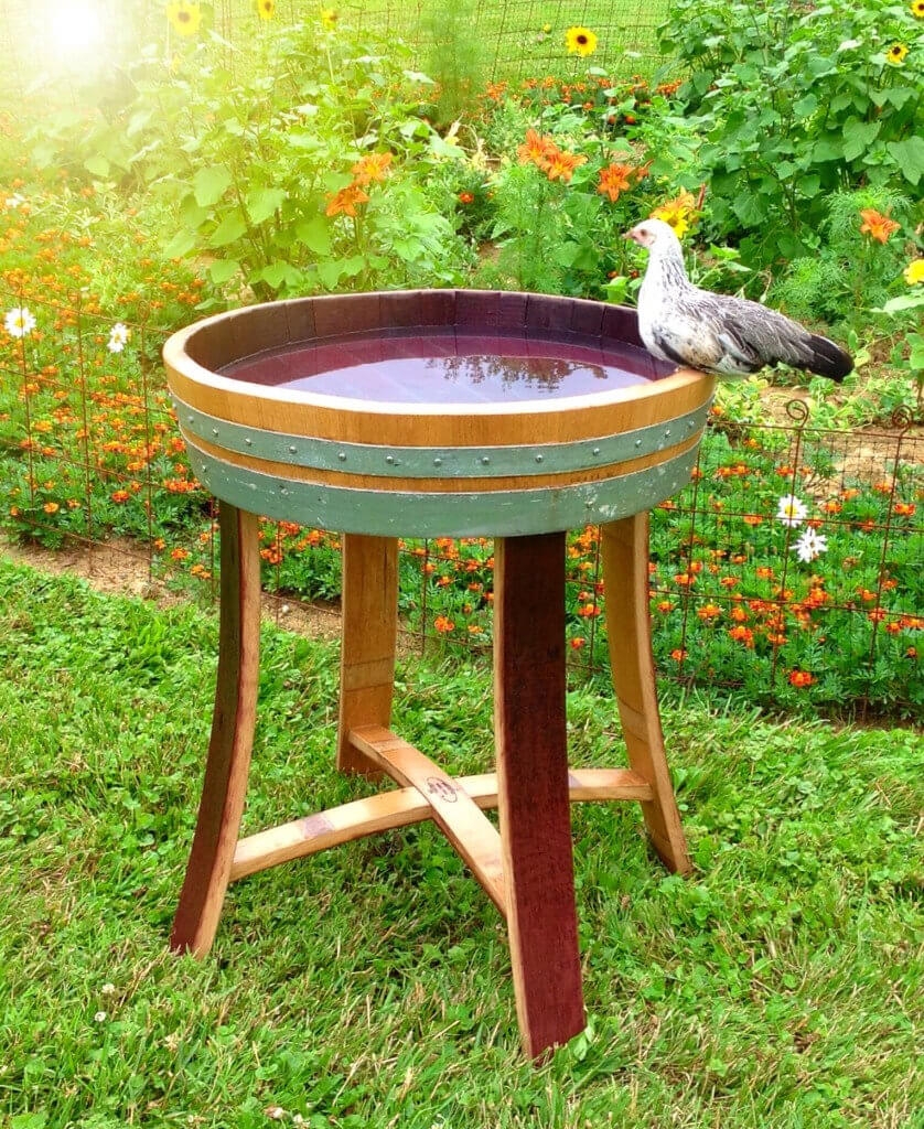 Bird Bath Upcycled Wine Barrel: Rustic Stave Legs and Hoop