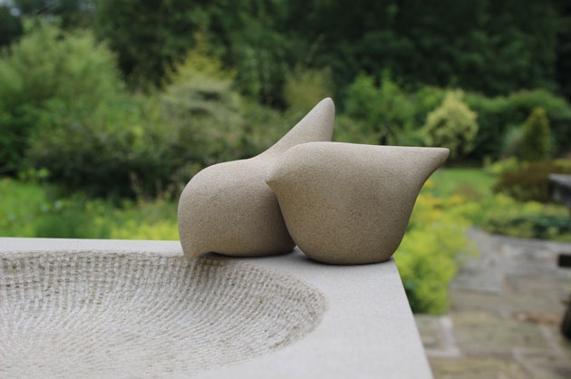 Birdbath Carved Basin Sandstone with Minimalist Birds