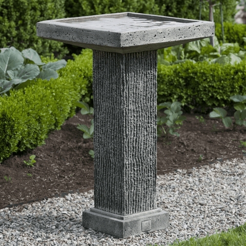 Birdbath Ribbed Pedestal: Square Basin Cast Stone Texture