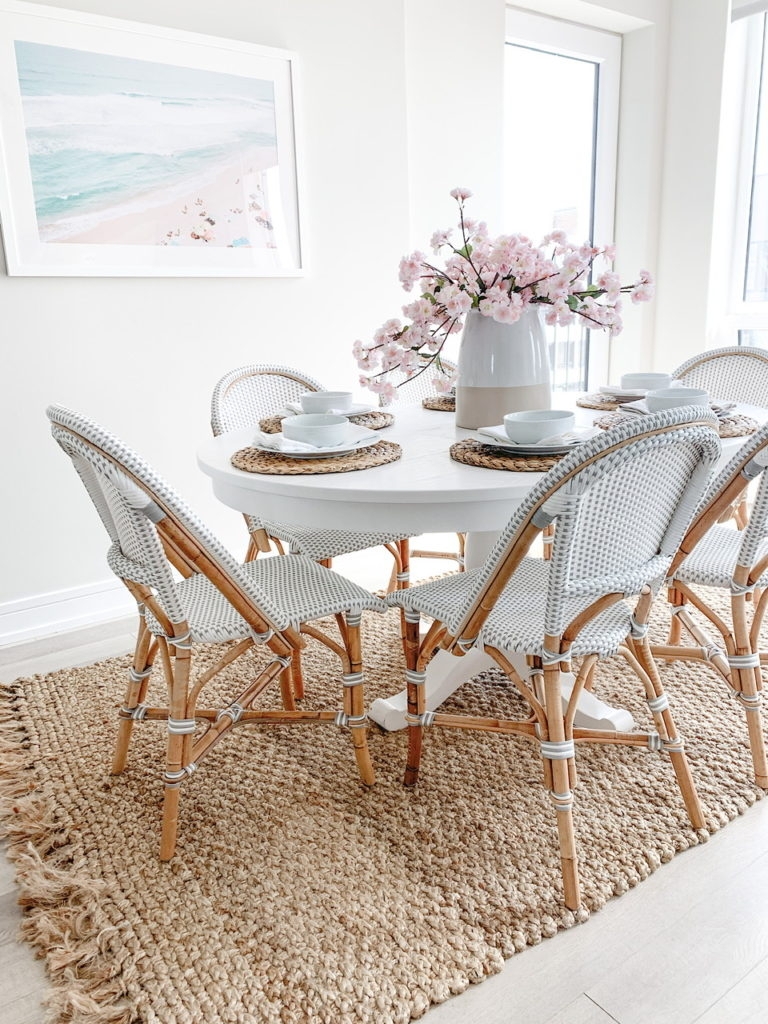 Bistro Dining Chair with Diamond Weave on Chunky Jute Rug