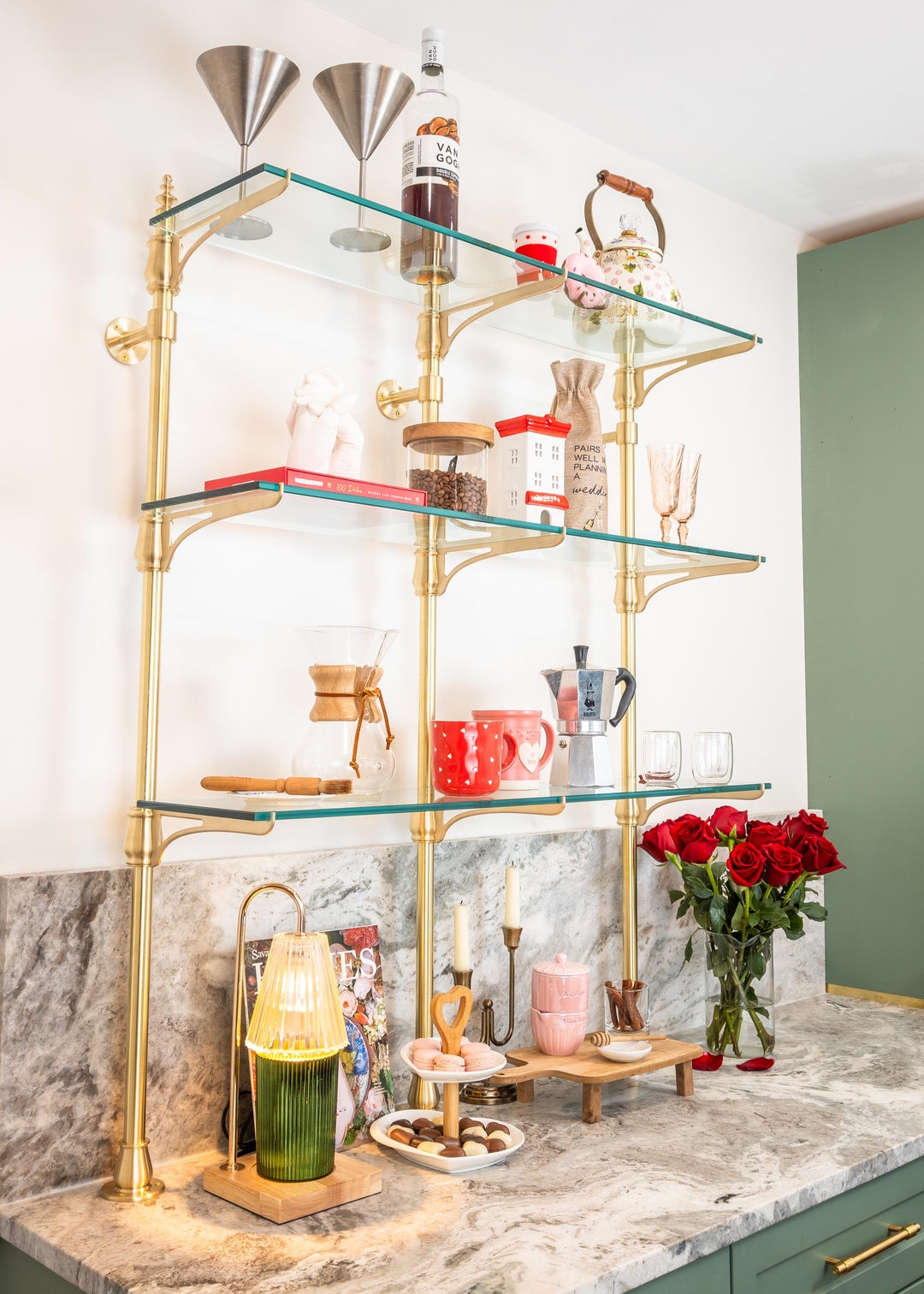 Bistro Shelving with Brass Cantilever Hardware and Modern Wall Display