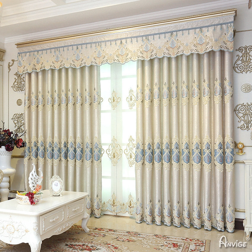 Blackout Curtains: Blue Medallion Embroidery Scalloped Valance