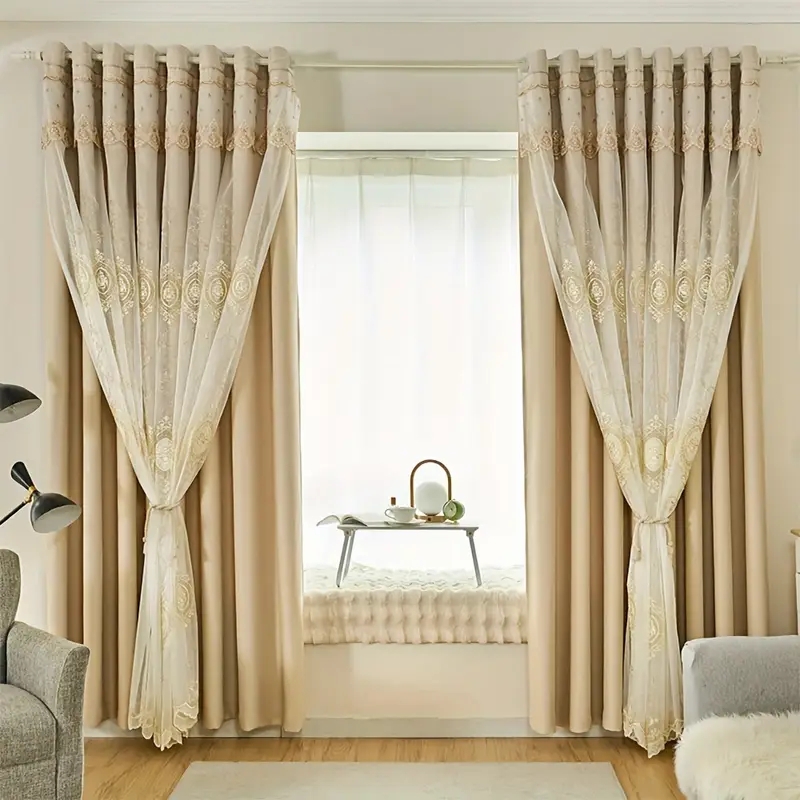 Blackout Curtains: Champagne Scalloped Sheer Overlay Panels