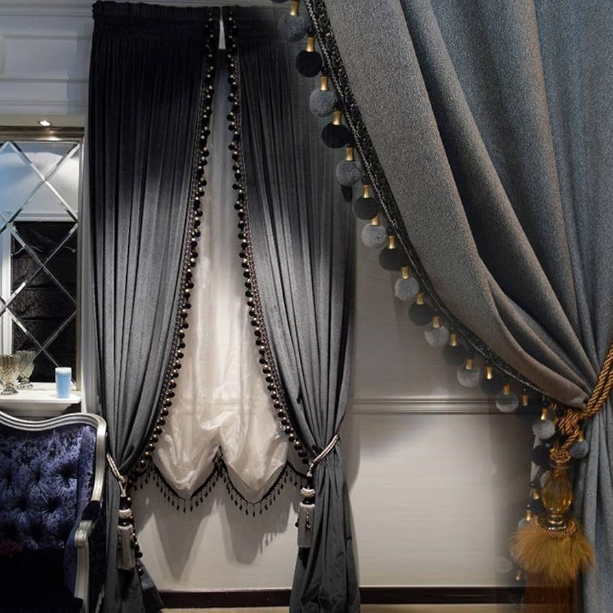 Blackout Curtains: Iron Grey Velvet Tassel Tie Back Drapes