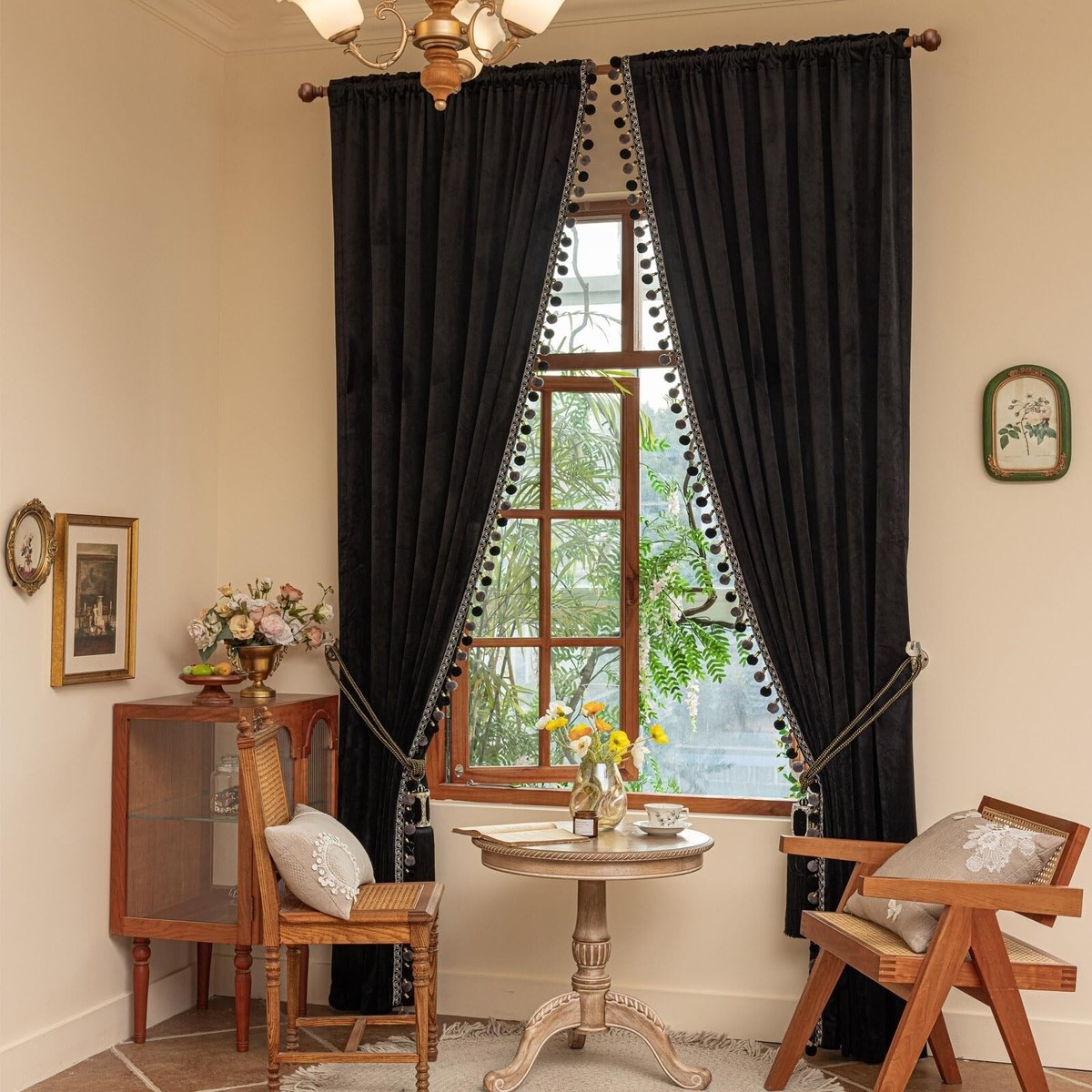 Blackout Curtains: Matte Black Pom Pom Trim Rope Tie Backs