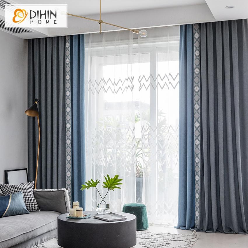 Blackout Curtains: Slate Blue Geometric Embroidered Treatment