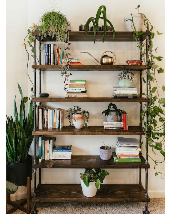 Bookcase Vintage Iron Frame with Dark Walnut Pipe Design