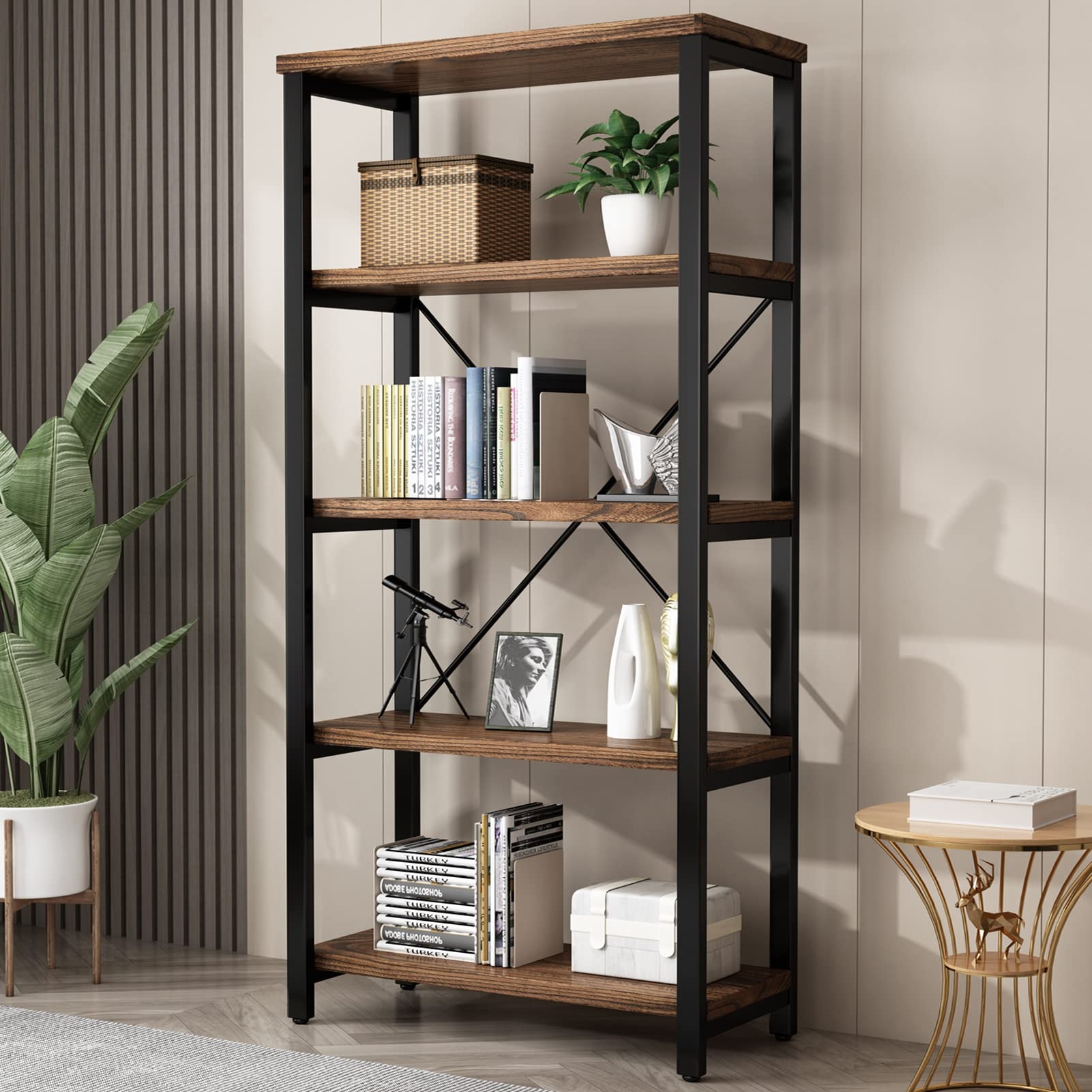 Bookshelf 5-Tier Industrial Matte Black Frame X-Brace Unit