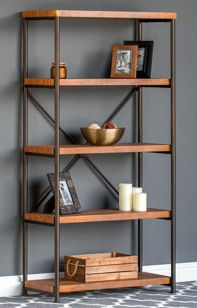 Bookshelf Rustic 5-Tier Display Rack and Metal X-Brace Back