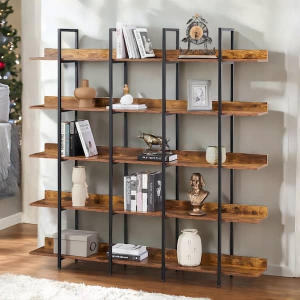 Bookshelf Wide 5-Tier Bookcase with Triple Column Support