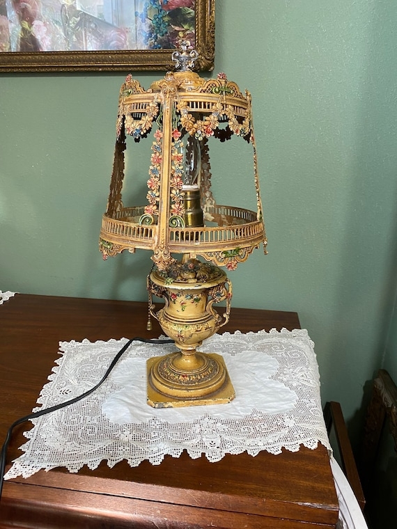 Boudoir Lamp Antique Gold Urn with Floral Garland