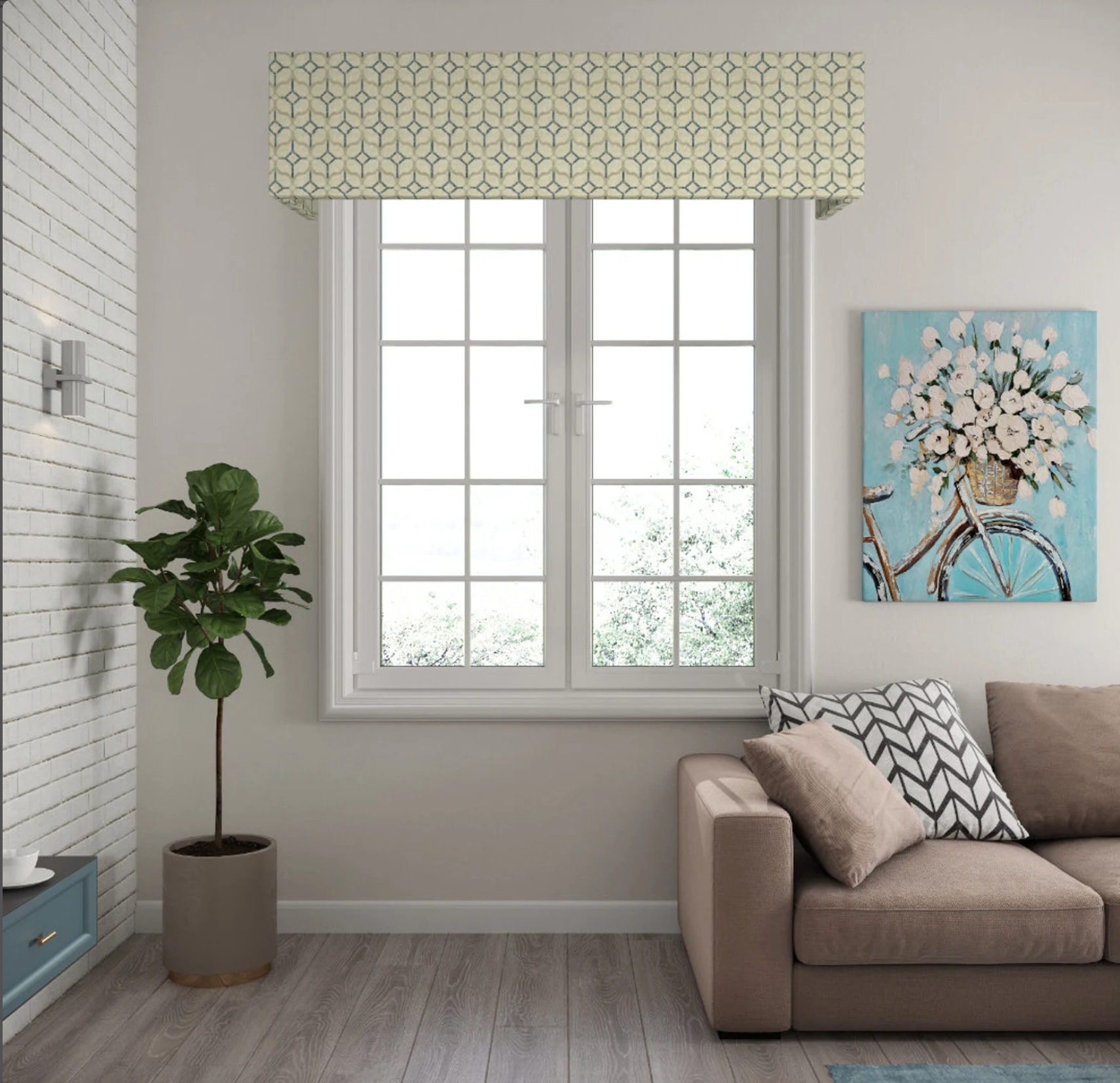 Box Valance: Geometric Trellis Motif Fabric Wrapped Cornice