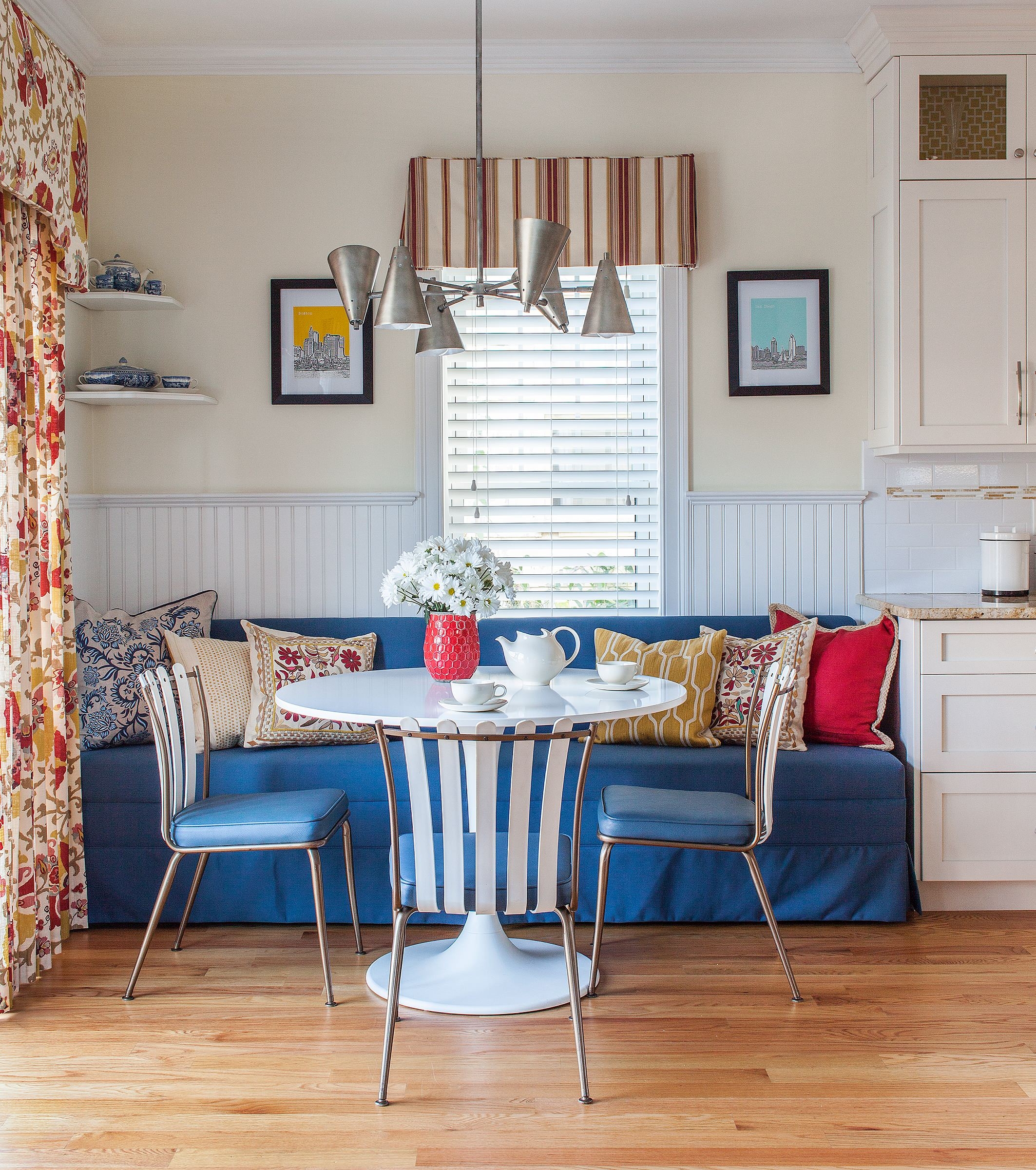 Breakfast Nook: Blue Banquette Seating with Slatted Chairs