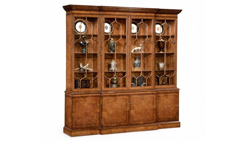 Breakfront Cabinet Boasting Gothic Arched Mullions and Burl