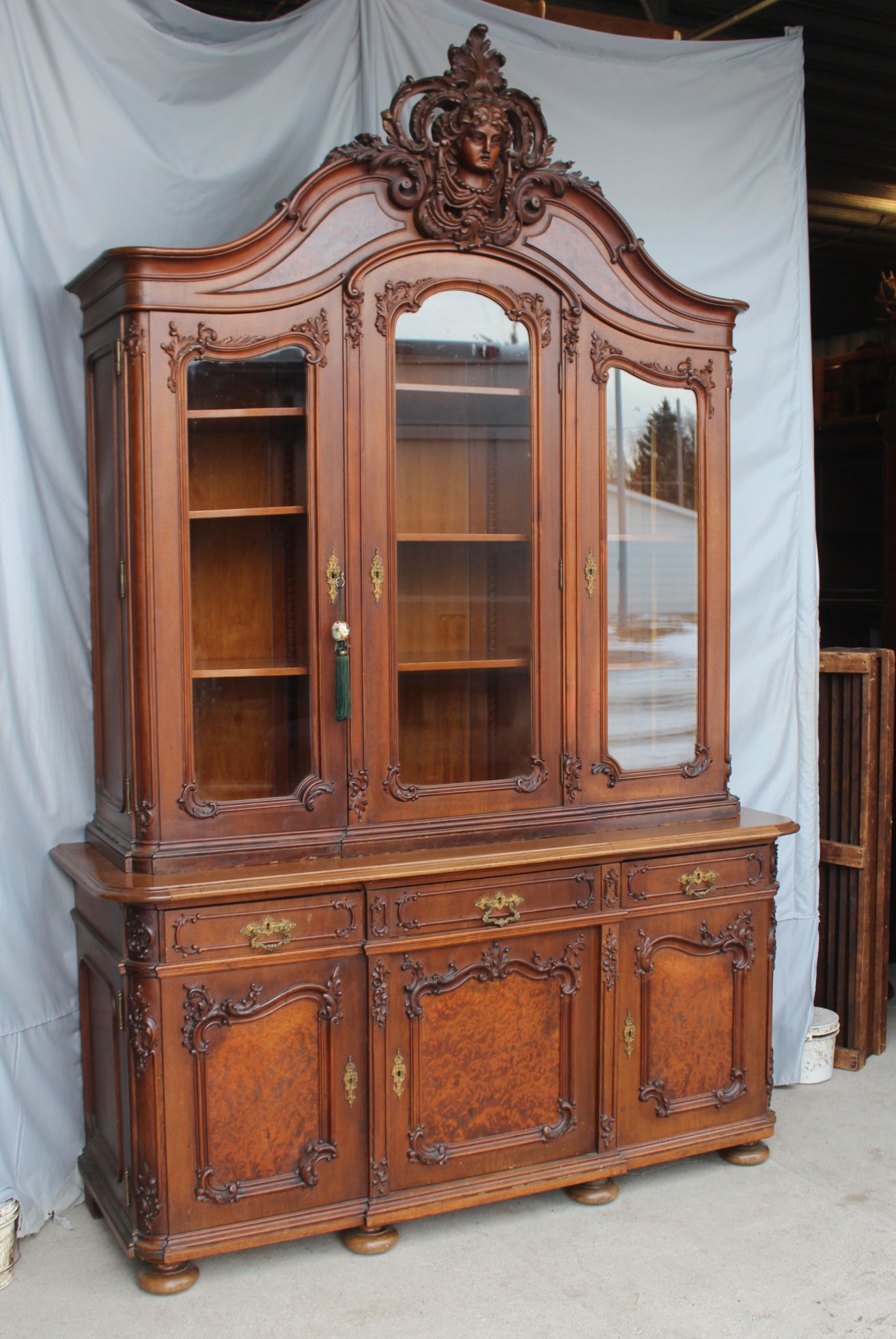 Breakfront Cabinet: Carved Woman Head and Victorian Burl Wood