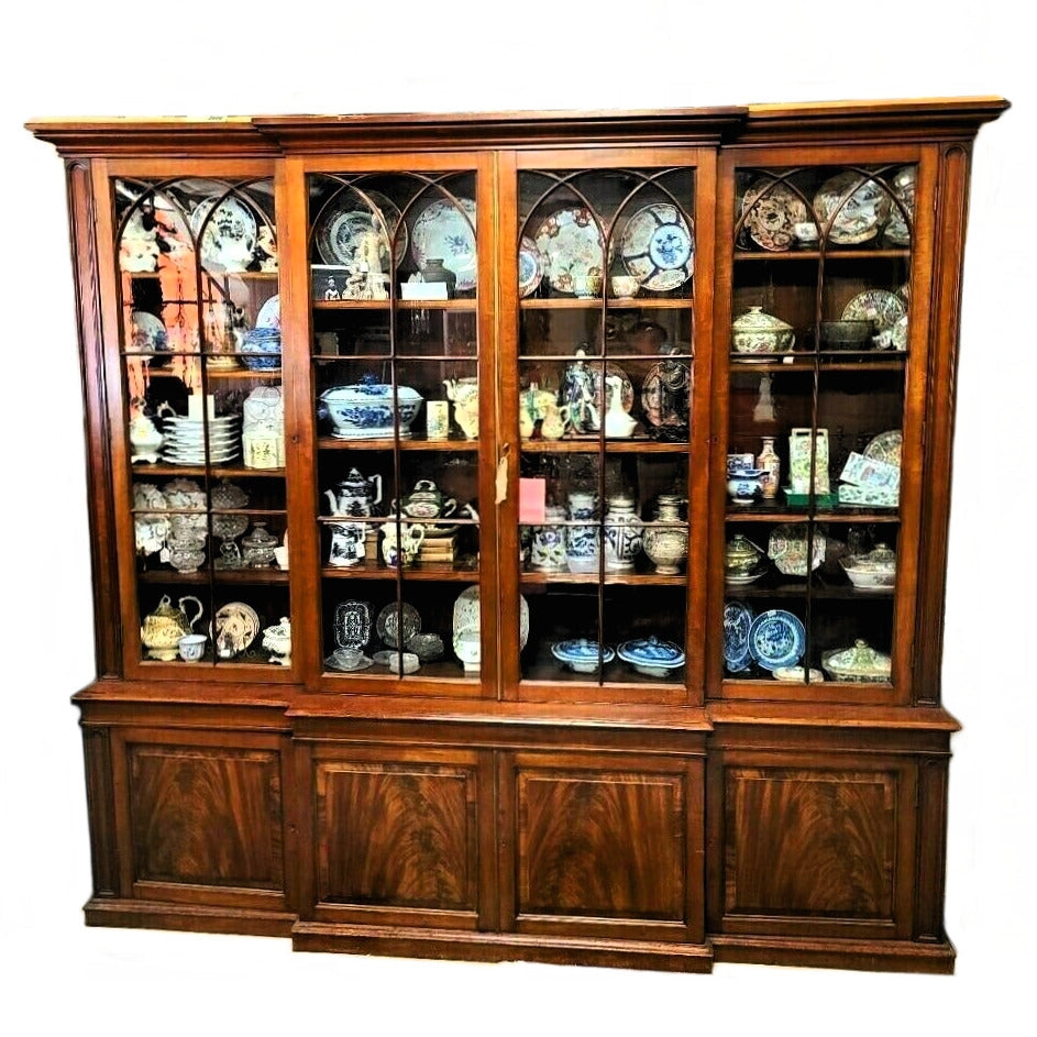 Breakfront Cabinet: Flame Grain Wood Panels and Gothic Tracery
