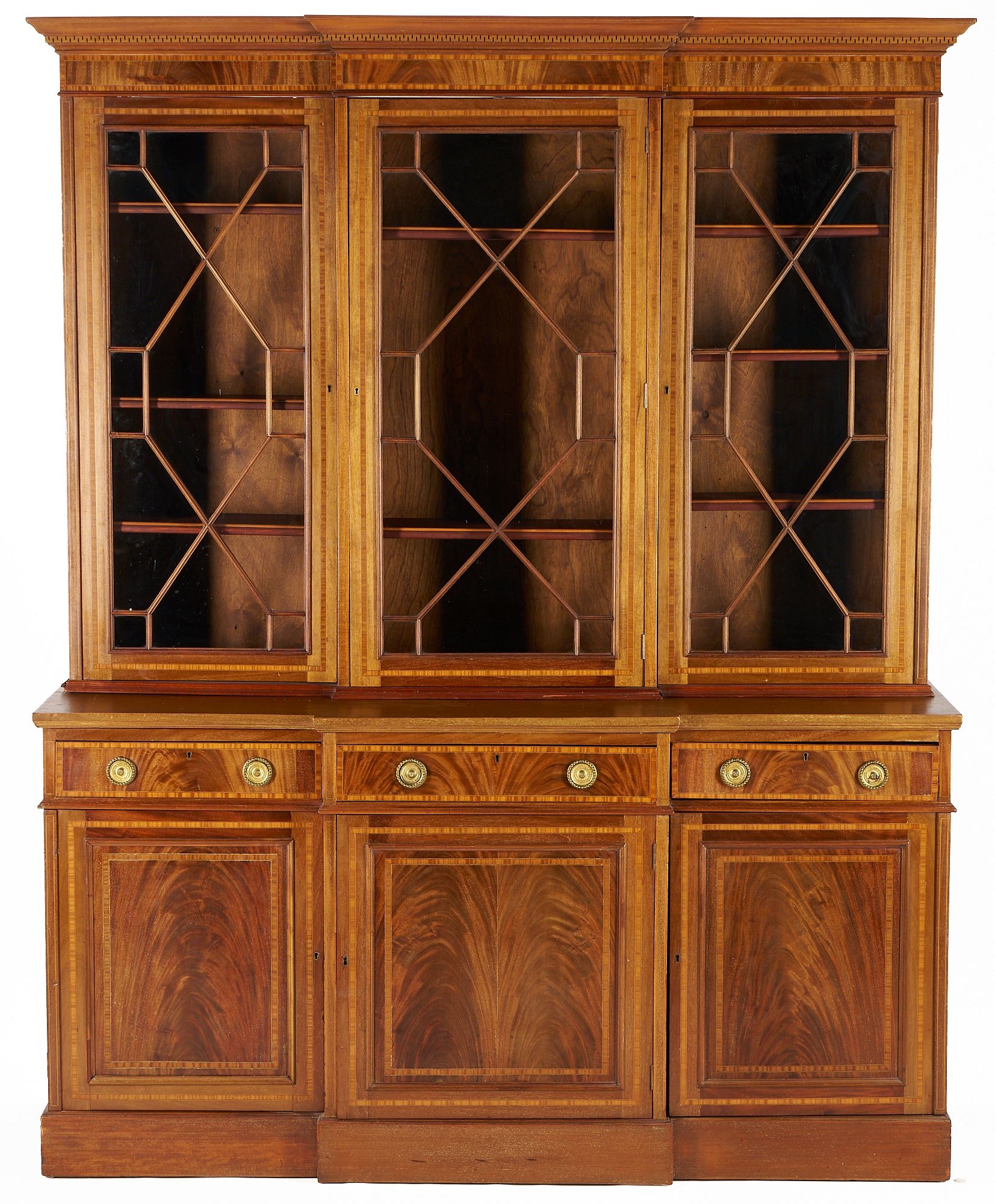 Breakfront Cabinet: Geometric Glazing Bars and Flame Veneer