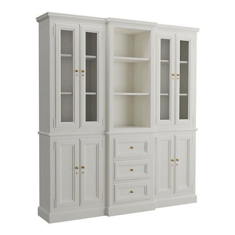 Breakfront Cabinet: Off-White Three Section Unit with Brass