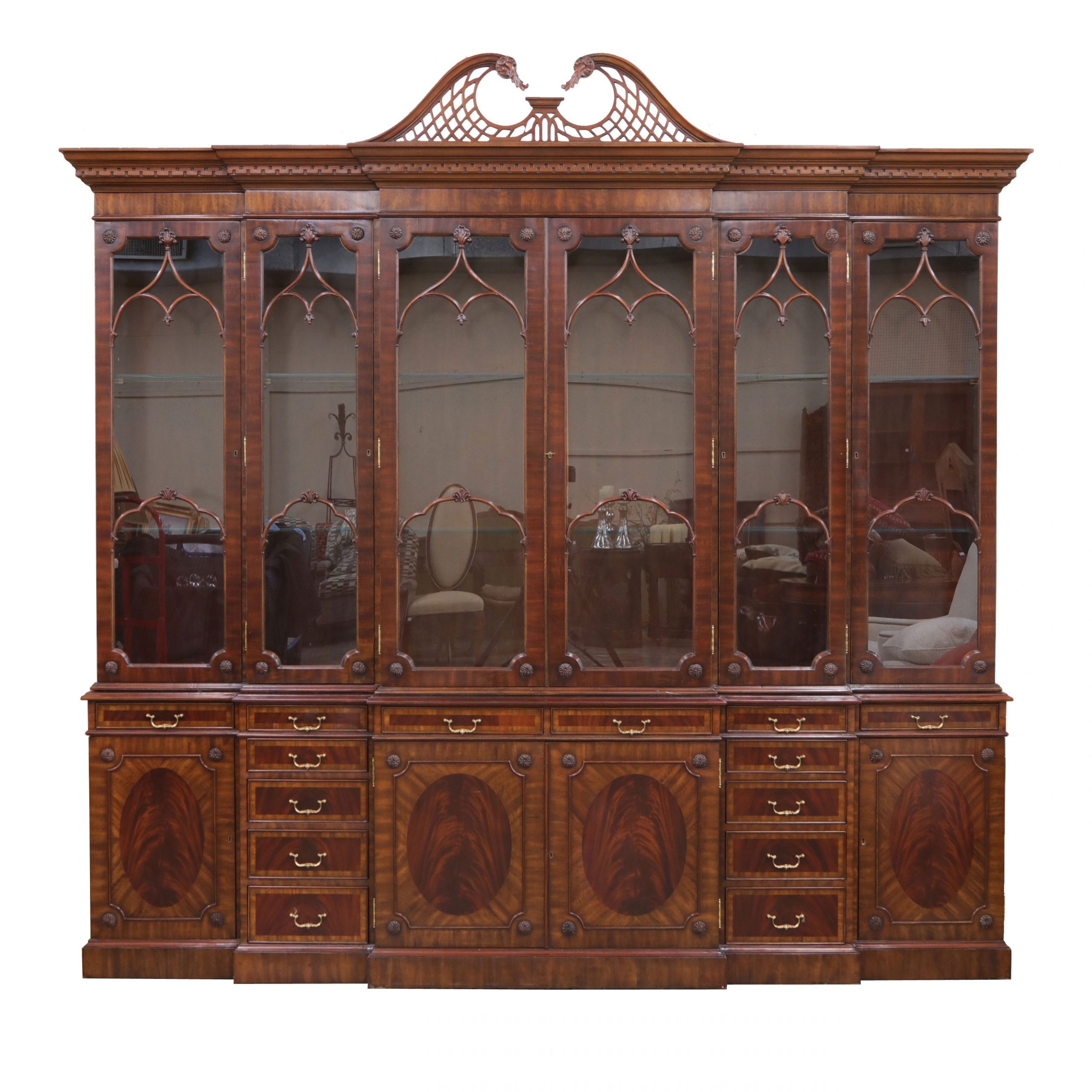 Breakfront China Cabinet: Lancet Arch Tracery and Crotch Wood
