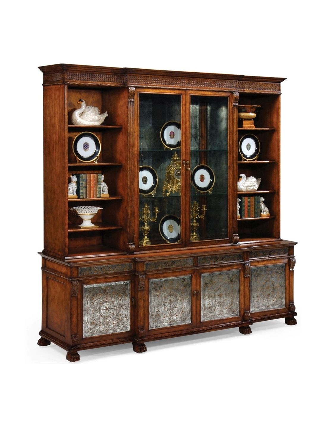 Breakfront China Cabinet: Lion Paw Feet and Etched Mirrors