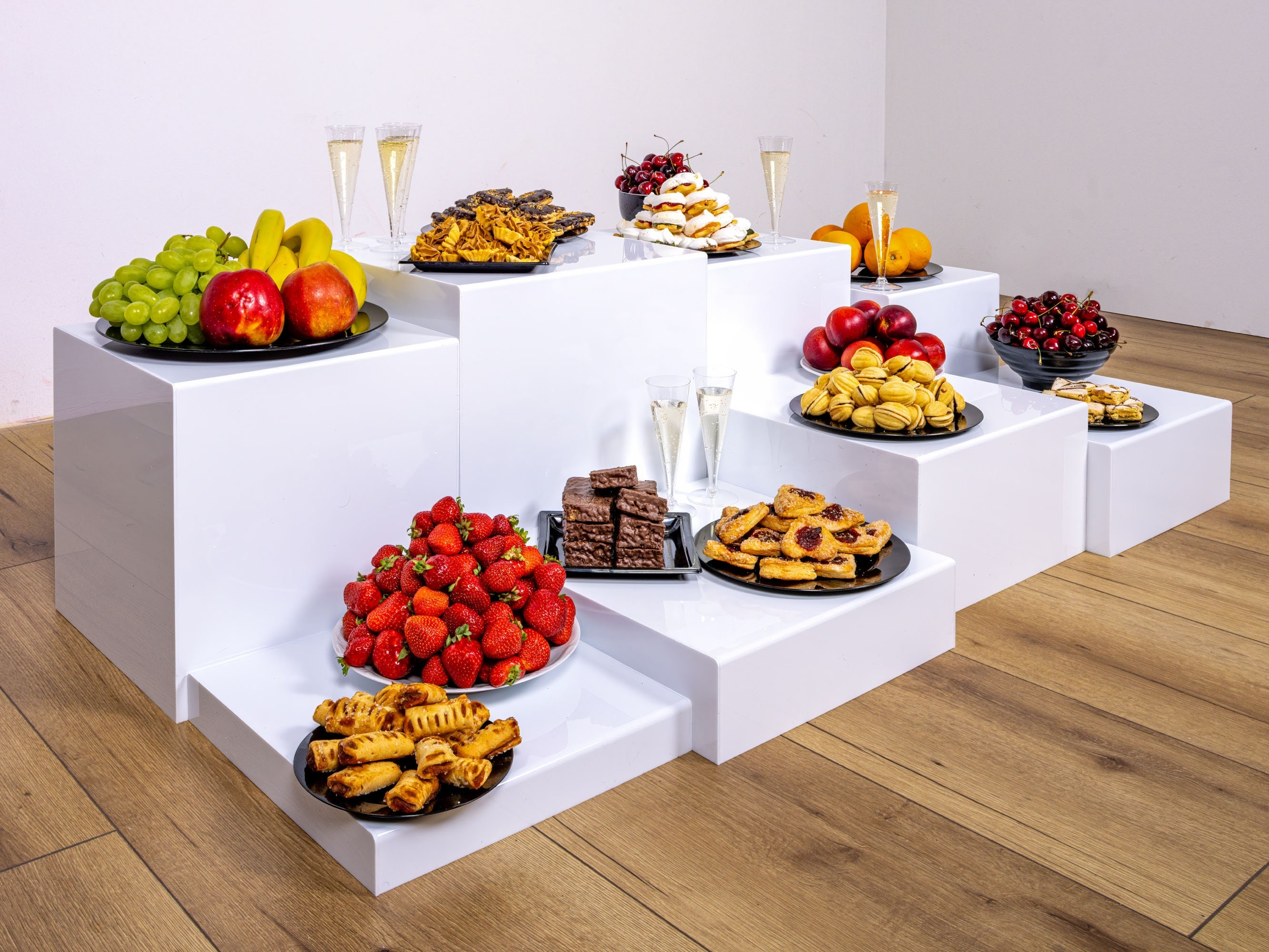 Buffet Food Risers: High Gloss Geometric White Acrylic Buffet Risers